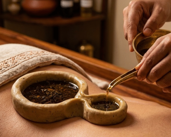 Kativasti treatment for lower back pain at Om Ayurveda using warm medicated oil therapy for natural spinal relief